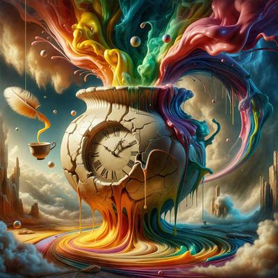 The primary subject of the image is a large, colorful vase with a clock inside of it. The vase is filled with various colors, creating a vibrant and lively atmosphere. The setting is a cloudy sky, which adds to the overall mood of the scene. The visual style of the image is digital art, as it appears to be a painting or drawing created using digital tools. The colors and mood of the image are predominantly bright and cheerful, with the vivid colors of the vase and